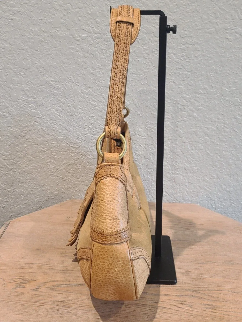 Via Spiga Tan Suede & Pebbled Leather Hobo Shoulder Bag Fringe Flap Purse Y2K